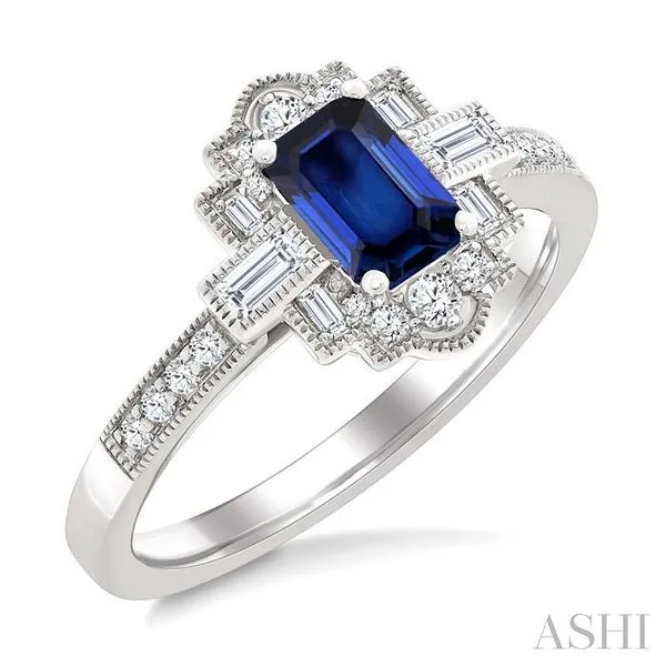 6X4 MM Octagon Shape Sapphire and 1/3 Ctw Art Deco Mixed Cut Diamond Precious Fashion Ring in 14K White Gold Hart's Jewelers Grants Pass, OR