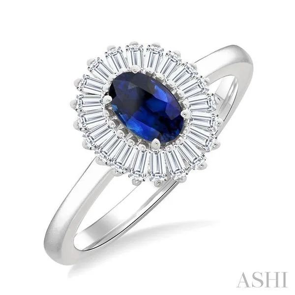 6X4 MM Oval Cut Sapphire and 1/3 Ctw Baguette Cut Diamond Halo Precious Fashion Ring in 14K White Gold Hart's Jewelers Grants Pass, OR