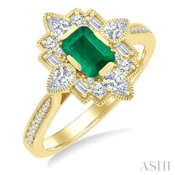 6X4 MM Octagon Cut Emerald and 5/8 Ctw Art Deco Mixed Diamond Cut Precious Fashion Ring in 14K Yellow Gold Hart's Jewelers Grants Pass, OR