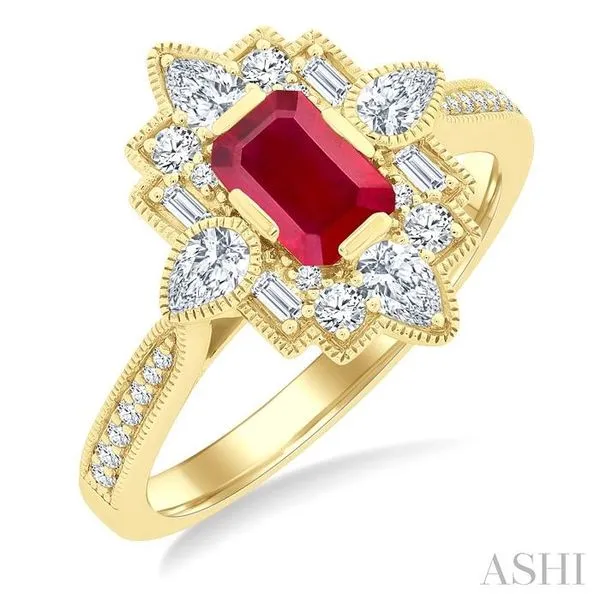 6X4 MM Octagon Cut Ruby and 5/8 Ctw Art Deco Mixed Diamond Cut Precious Fashion Ring in 14K Yellow Gold Hart's Jewelers Grants Pass, OR
