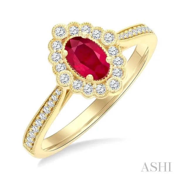 6X4 MM Oval Cut Ruby and 1/4 Ctw Art Deco Round Cut Diamond Halo Precious Ring in 14K Yellow Gold Hart's Jewelers Grants Pass, OR