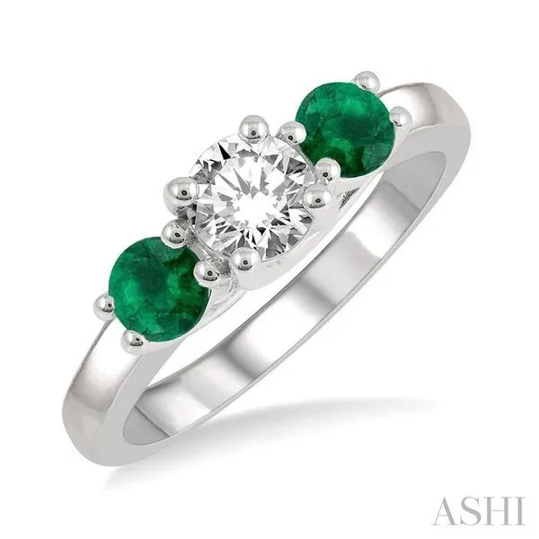 3.90 MM Round Shape Emerald and 1/2 Ctw Past, Present and Future Round Cut Diamond Precious Ring in 14K White Gold Hart's Jewelers Grants Pass, OR
