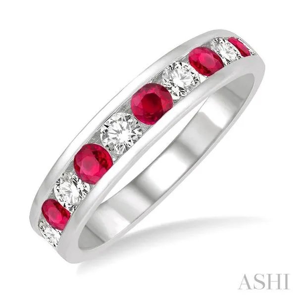 2.9 MM Ruby and 1/2 Ctw Round Cut Diamond Precious Wedding Band in 14K White Gold Hart's Jewelers Grants Pass, OR