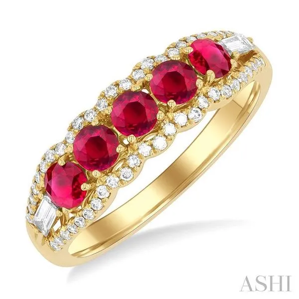 3.1 MM Round Ruby and 1/4 Ctw Baguette and Single Cut Diamond 5-Stone Precious Ring in 14K Yellow Gold Hart's Jewelers Grants Pass, OR