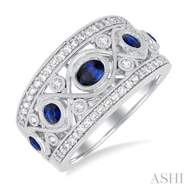 4x3 MM Oval, 2.8 MM and 2.4 MM Round Cut Sapphire and 3/8 Ctw Criss-Cross Framework Single Cut Diamond Precious Band in 14K White Gold Hart's Jewelers Grants Pass, OR
