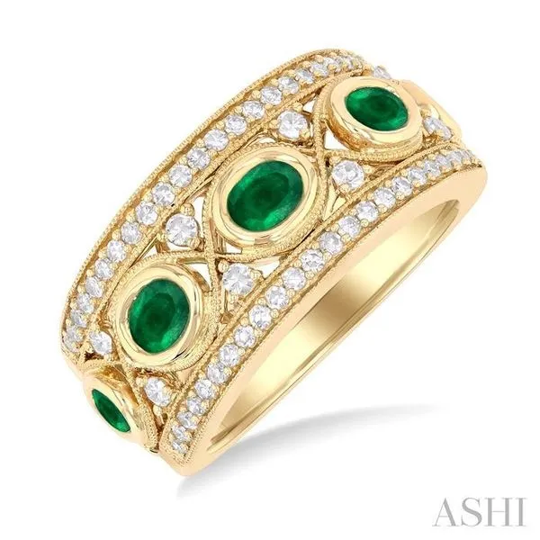 4x3 MM Oval and 2.8 MM Round Cut Emerald and 3/8 Ctw Curvy Criss-Cross Single Cut Diamond Precious Band in 14K Yellow Gold Hart's Jewelers Grants Pass, OR