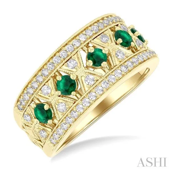 2.8 MM Hexagon Window Emerald and 1/2 Ctw Round Cut Diamond Precious Fashion Band in 14K Yellow Gold Hart's Jewelers Grants Pass, OR