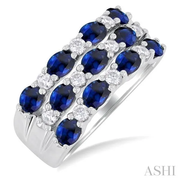 4X3 MM Oval Cut Sapphire and 3/8 Ctw East-West Round Cut Diamond Wide Precious Band in 14K White Gold Hart's Jewelers Grants Pass, OR