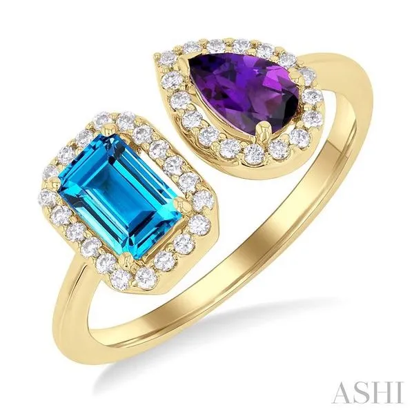6X4 MM Emerald Cut Blue Topaz and Pear Cut Amethyst and 1/5 Ctw Open Toi Et Moi Round Cut Diamond Halo Fashion Ring in 14K Yellow Gold Hart's Jewelers Grants Pass, OR