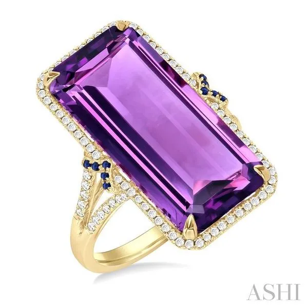 22x10 MM Emerald Cut Amethyst and 0.80 MM Round Sapphire & 1/4 Ctw Round Cut Diamond Halo Precious & Semi-Precious Ring in 14K Yellow Gold Hart's Jewelers Grants Pass, OR