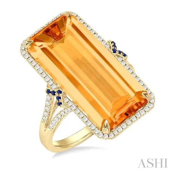 22x10 MM Emerald Cut Citrine and 0.80 MM Round Sapphire & 1/4 Ctw Round Cut Diamond Halo Precious & Semi-Precious Ring in 14K Yellow Gold Hart's Jewelers Grants Pass, OR