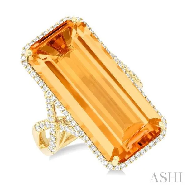 26x12 MM Emerald Cut Citrine and 1/2 Ctw Round Cut Diamond Halo Semi-Precious Ring in 14K Yellow Gold Hart's Jewelers Grants Pass, OR