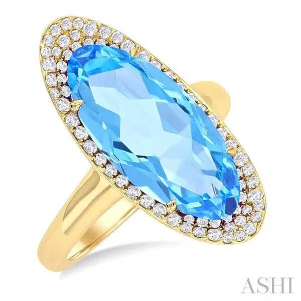 18x8 MM Oval Cut Blue Topaz and 1/3 Ctw Round Cut Diamond Halo Semi-Precious Ring in 14K Yellow Gold Hart's Jewelers Grants Pass, OR