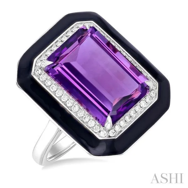 14x10 MM Emerald Cut Amethyst and 1/5 Ctw Round Cut Diamond Halo & Black Enamel Border Semi-Precious Ring in 14K White Gold Hart's Jewelers Grants Pass, OR
