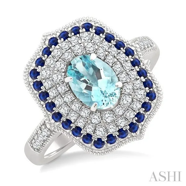 7x5 MM Oval Shape Aquamarine and 1.25 MM Round Shape Sapphire and 1/3 Ctw Round Cut Diamond Precious & Semi-Precious Fashion Ring in 14K White Gold Hart's Jewelers Grants Pass, OR