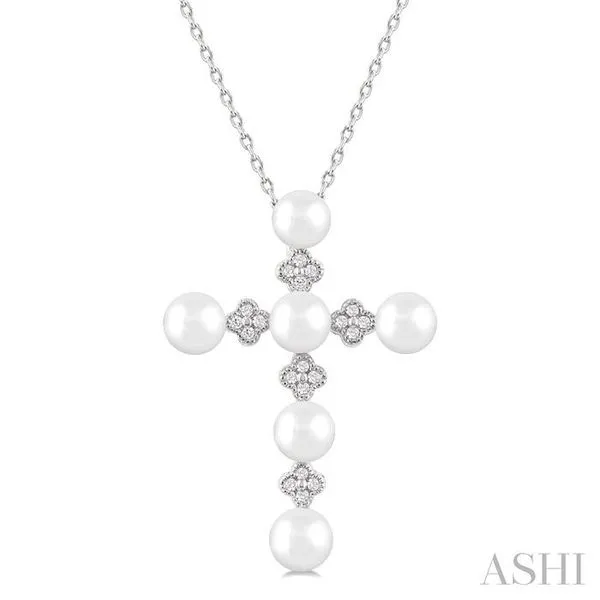 4 MM Round Shape Cultured Pearl and 1/10 Ctw Clover Round Cut Diamond Cross Pendant With Chain in 10K White Gold Hart's Jewelers Grants Pass, OR