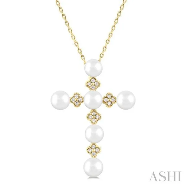 4 MM Round Shape Cultured Pearl and 1/10 Ctw Clover Round Cut Diamond Cross Pendant With Chain in 10K Yellow Gold Hart's Jewelers Grants Pass, OR