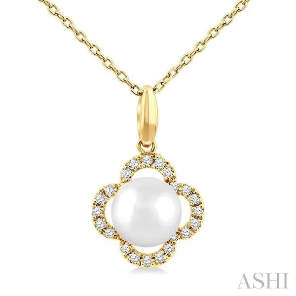 6 MM Cultured Pearl and 1/10 Ctw Single Cut Diamond Clover Petite Fashion Pendant With Chain in 10K Yellow Gold Hart's Jewelers Grants Pass, OR