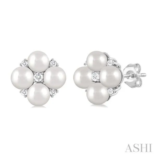 4 MM Round Shape Floral Cultured Pearls and 1/10 Ctw Round Cut Diamond Fashion Stud Earring in 10K White Gold Hart's Jewelers Grants Pass, OR