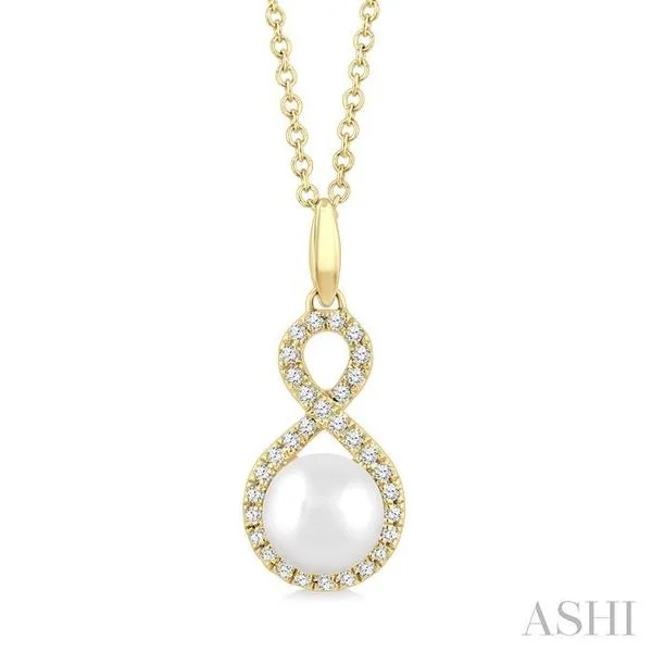 6 MM Cultured Pearl and 1/8 Ctw Single Cut Diamond Petite Fashion Pendant With Chain in 10K Yellow Gold Hart's Jewelers Grants Pass, OR