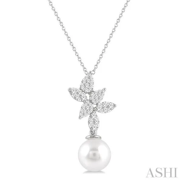 9 MM Cultured Pearl and 1/2 Ctw Lovebright Round Cut Diamond Fashion Pendant With Chain in 14K White Gold Hart's Jewelers Grants Pass, OR