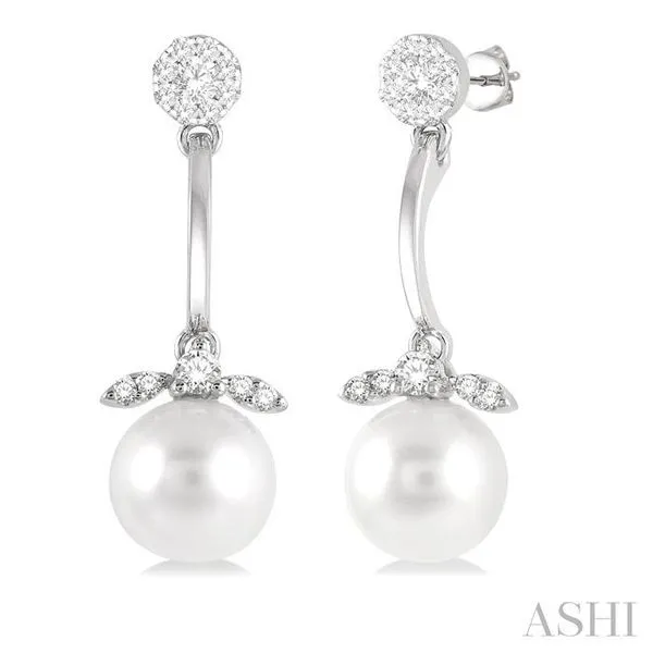 7 MM Cultured White Pearl and 1/4 Ctw Lovebright Round Cut Diamond Fashion Earrings in 14K White Gold Hart's Jewelers Grants Pass, OR