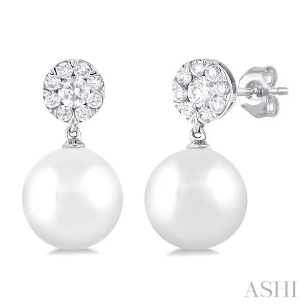 7 MM Cultured White Pearl and 1/4 Ctw Disc Top Lovebright Round Cut Diamond Fashion Earrings in 14K White Gold Hart's Jewelers Grants Pass, OR