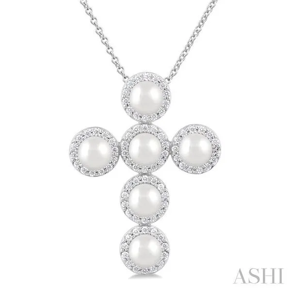 4 MM Cross Cultured Pearl and 1/3 Ctw Round Cut Diamond Pendant With Chain in 14K White Gold Hart's Jewelers Grants Pass, OR