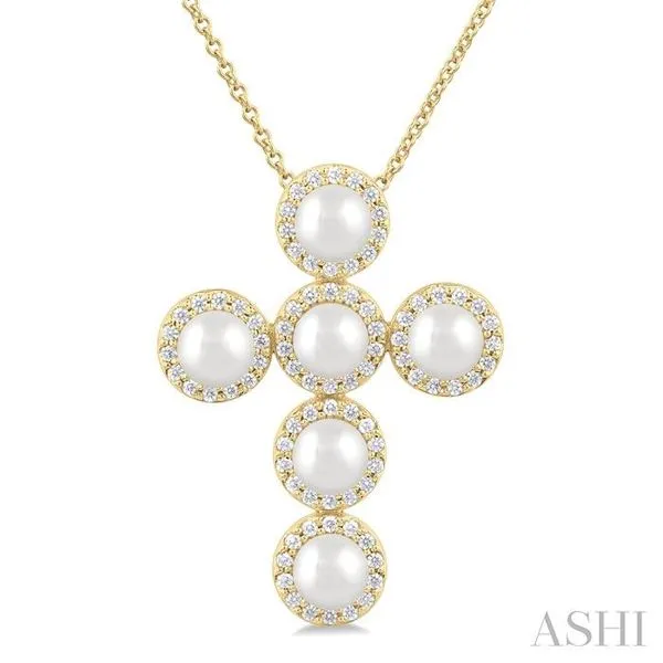 4 MM Cross Cultured Pearl and 1/3 Ctw Round Cut Diamond Fashion Pendant With Chain in 14K Yellow Gold Hart's Jewelers Grants Pass, OR