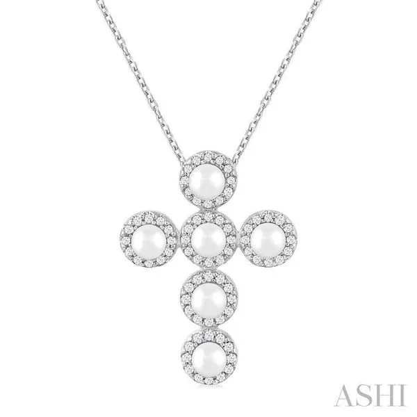 4 MM Cross Cultured Pearl and 1/4 Ctw Round Cut Diamond Pendant With Chain in 14K White Gold Hart's Jewelers Grants Pass, OR