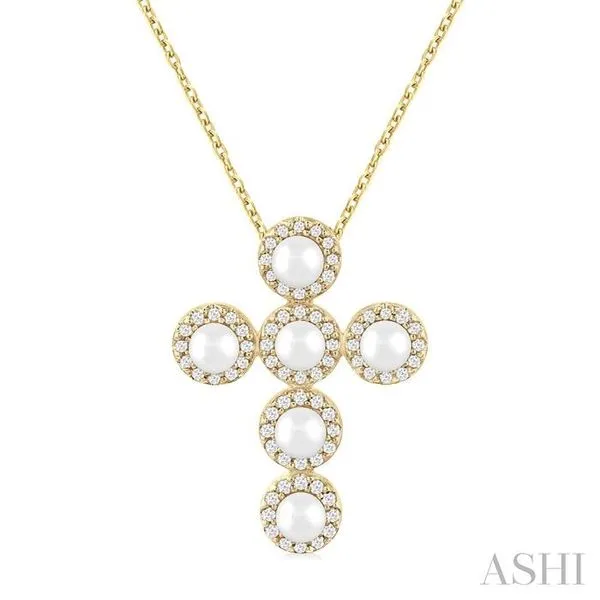 4 MM Round Shape Cultured Pearl and 1/4 Ctw Round Cut Diamond Cross Pendant With Chain in 14K Yellow Gold Hart's Jewelers Grants Pass, OR