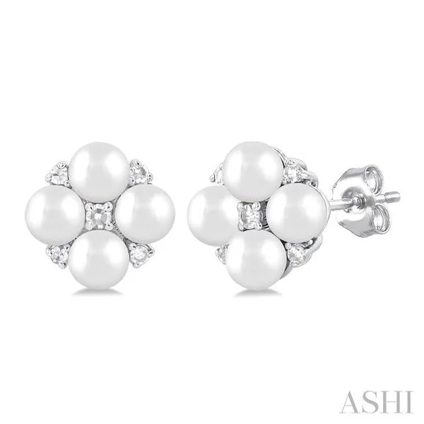 3 MM Floral Round Shape Cultured Pearl and 1/20 Ctw Round Cut Diamond Fashion Stud Earring in 10K White Gold Hart's Jewelers Grants Pass, OR