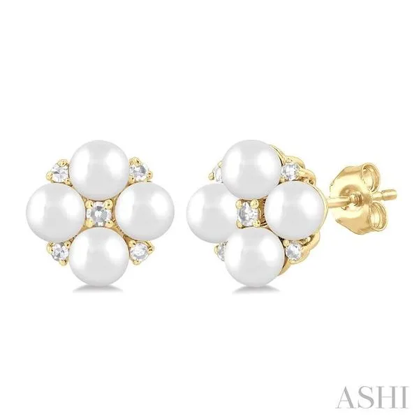 3 MM Floral Round Shape Cultured Pearl and 1/20 Ctw Round Cut Diamond Fashion Stud Earring in 10K Yellow Gold Hart's Jewelers Grants Pass, OR