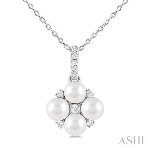 4 MM Floral Round Shape Cultured Pearl and 1/10 Ctw Round Cut Diamond Fashion Pendant With Chain in 10K White Gold Hart's Jewelers Grants Pass, OR