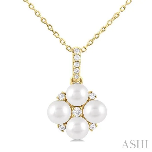 4 MM Floral Round Shape Cultured Pearl and 1/10 Ctw Round Cut Diamond Fashion Pendant With Chain in 10K Yellow Gold Hart's Jewelers Grants Pass, OR