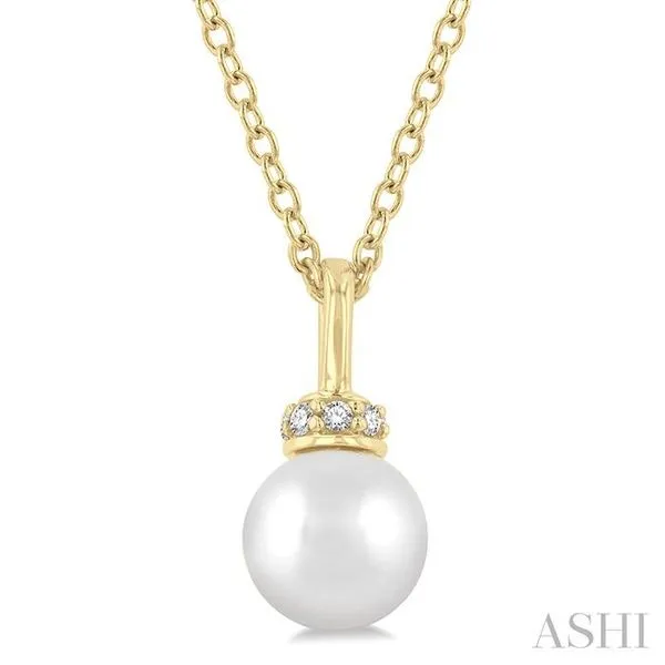 6 MM Round Shape Cultured Pearl and 1/20 Ctw Petite Round Cut Diamond Crown Fashion Pendant With Chain in 10K Yellow Gold Hart's Jewelers Grants Pass, OR