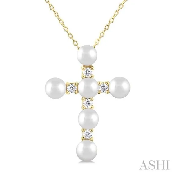 4 MM Cross Cultured Pearl and 1/6 Ctw Round Cut Diamond Fashion Pendant With Chain in 10K Yellow Gold Hart's Jewelers Grants Pass, OR