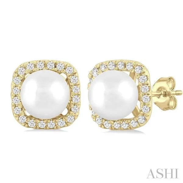 5 MM Cushion-Shaped Cultured Pearl and 1/8 Ctw Petite Round Cut Diamond Halo Stud Earring in 10K Yellow Gold Hart's Jewelers Grants Pass, OR