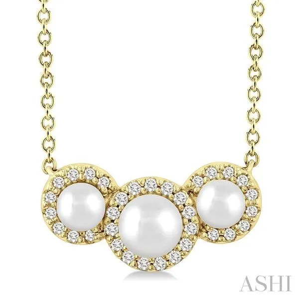 1/8 Ctw Past, Present & Future 4MM & 3MM Cultured Pearl and Round Cut Diamond Halo Pendant With Chain in 14K Yellow Gold Hart's Jewelers Grants Pass, OR
