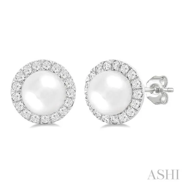 6 MM White Cultured Pearl and 1/4 Ctw Round Cut Diamond Halo Stud Earrings in 14K White Gold Hart's Jewelers Grants Pass, OR