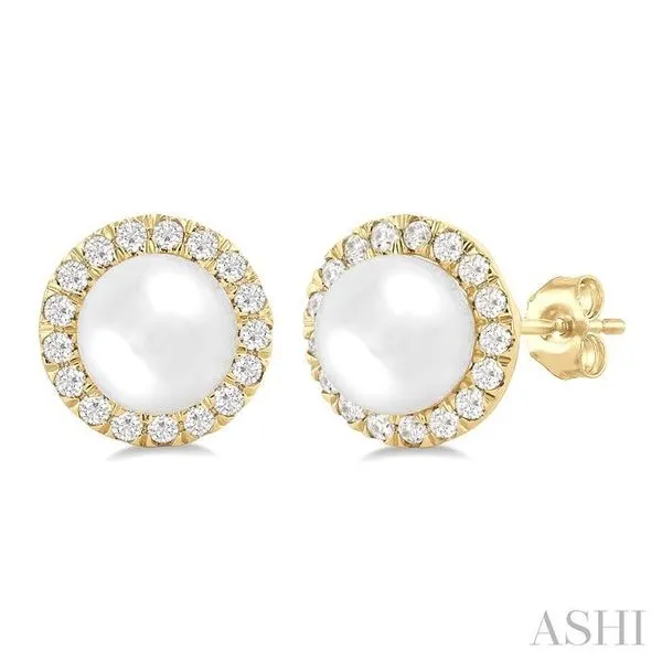 6 MM White Cultured Pearl and 1/4 Ctw Round Cut Diamond Halo Stud Earrings in 14K Yellow Gold Hart's Jewelers Grants Pass, OR