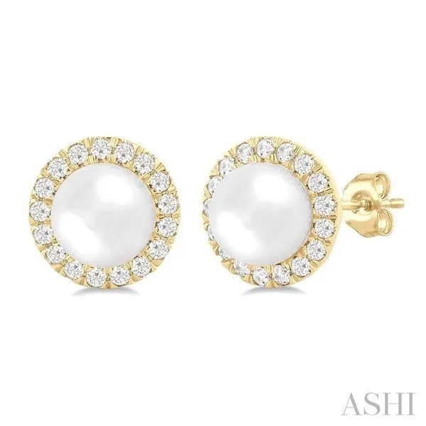 6 MM White Cultured Pearl and 1/4 Ctw Round Cut Diamond Halo Stud Earrings in 10K Yellow Gold Hart's Jewelers Grants Pass, OR