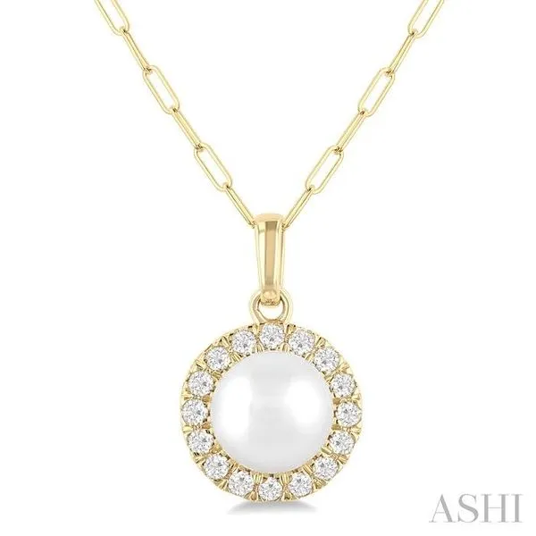 6 MM Cultured White Pearl and 1/6 Ctw Single Cut Diamond Halo Pendant With Chain in 14K Yellow Gold Hart's Jewelers Grants Pass, OR