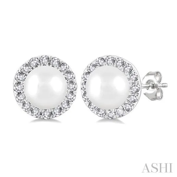 4.5 MM White Cultured Pearl and 1/8 Ctw Round Cut Diamond Halo Stud Earrings in 10K White Gold Hart's Jewelers Grants Pass, OR