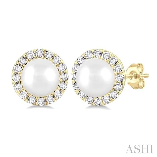 4.5 MM White Cultured Pearl and 1/8 Ctw Round Cut Diamond Halo Stud Earrings in 10K Yellow Gold Hart's Jewelers Grants Pass, OR