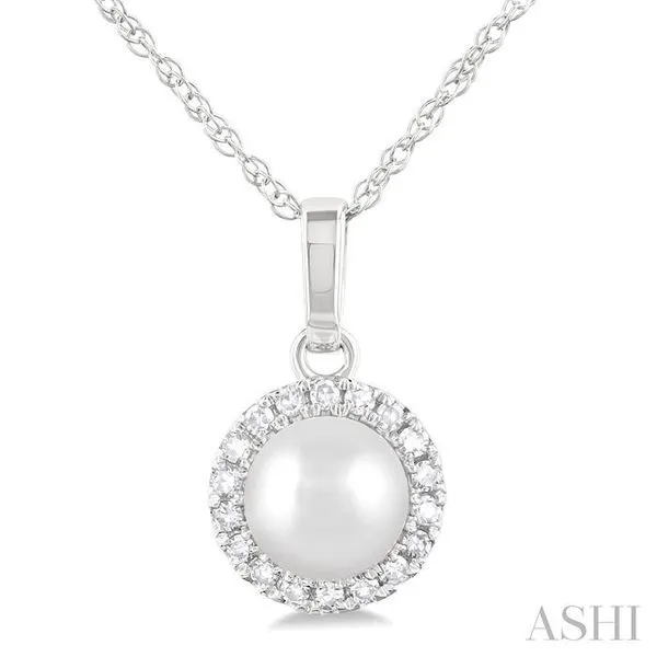 5 MM Cultured White Pearl and 1/20 Ctw Single Cut Diamond Halo Pendant With Chain in 10K White Gold Hart's Jewelers Grants Pass, OR