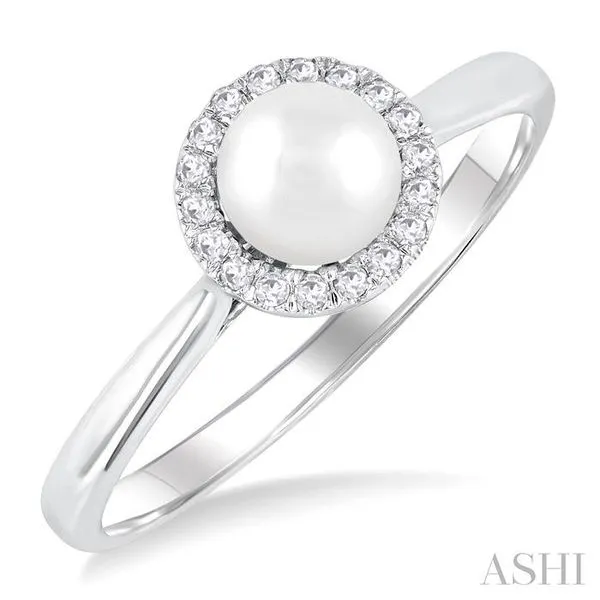 5 MM White Cultured Pearl and 1/20 Ctw Round Cut Diamond Halo Ring in 10K White Gold Hart's Jewelers Grants Pass, OR