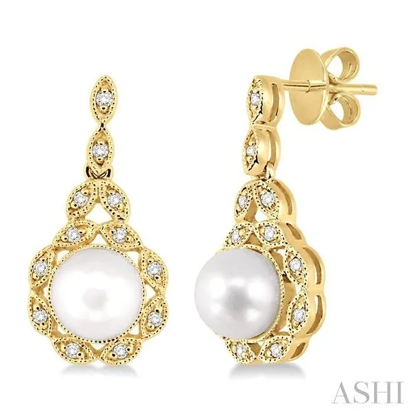 6X6 MM Round Shape Cultured Pearl and 1/8 Ctw Cutwork Marquise Round Cut Diamond Fashion Earring in 14K Yellow Gold Hart's Jewelers Grants Pass, OR