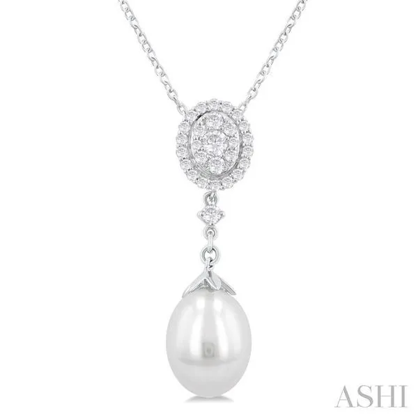 9X7 MM Oval Shape Mount Cultured Pearl Drop and 1/5 Ctw Round Cut Diamond Fashion Pendant With Chain in 14K White Gold Hart's Jewelers Grants Pass, OR