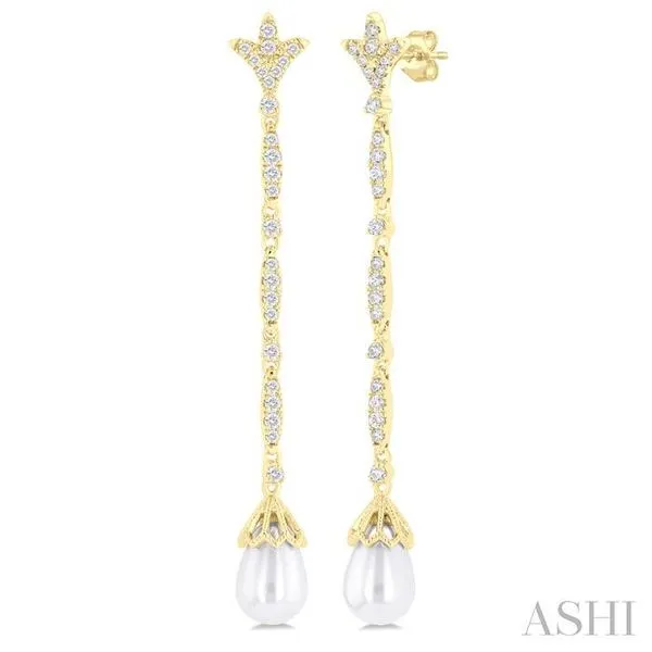 9X7 MM Marquise Link Teardrop Cultured Pearl and 1/2 Ctw Round Cut Diamond Long Earring in 14K Yellow Gold Hart's Jewelers Grants Pass, OR
